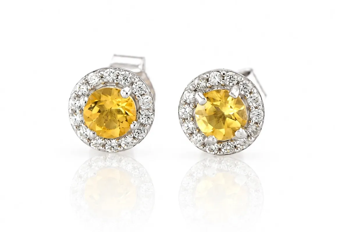 Silver Stud Earrings with Natural Citrine
