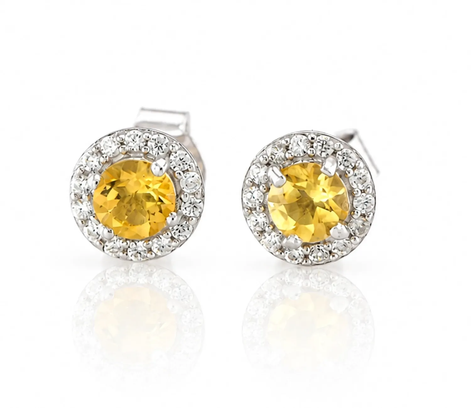 Silver Stud Earrings with Natural Citrine