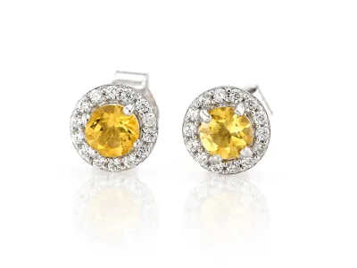Silver Stud Earrings with Natural Citrine