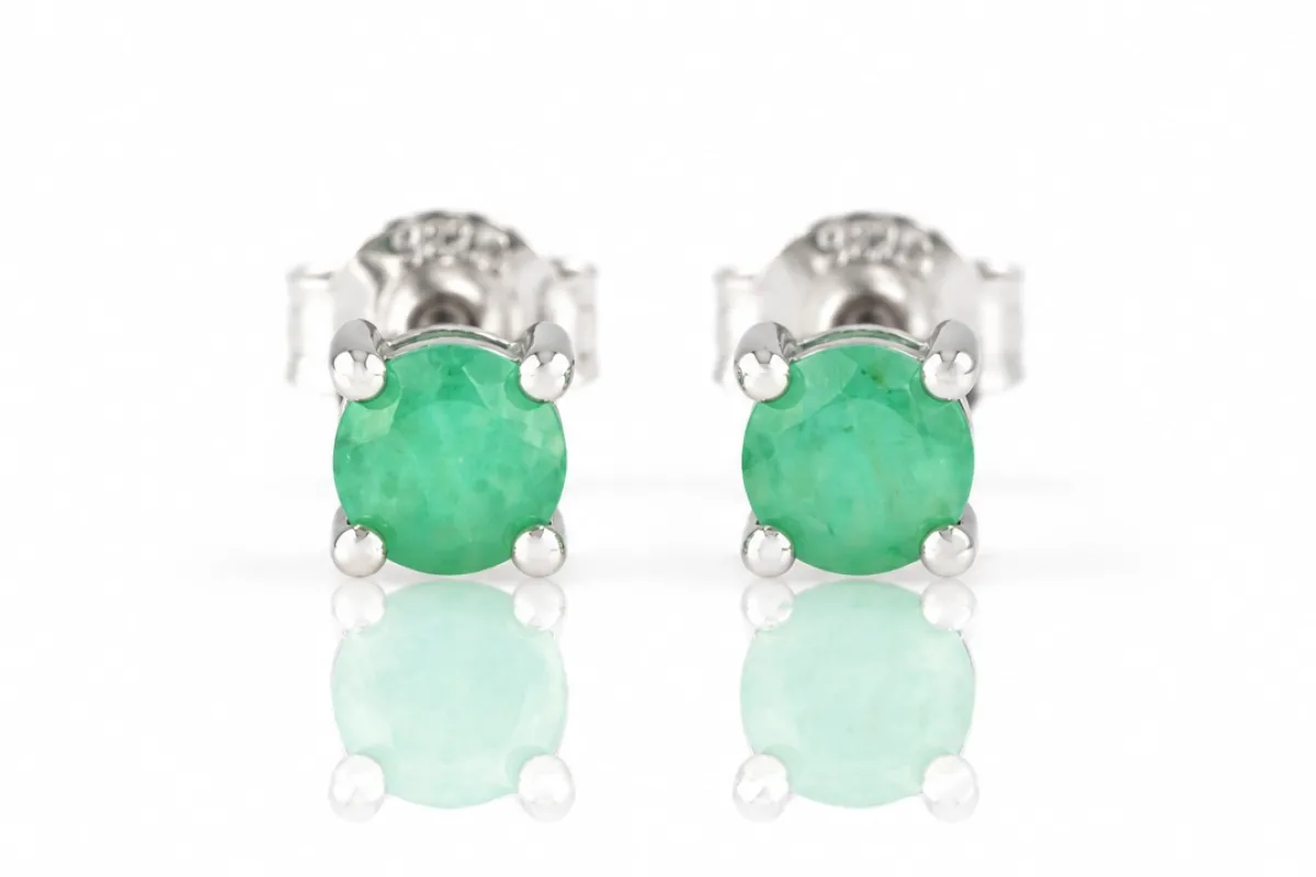 Silver Stud Earrings with Natural Emerald